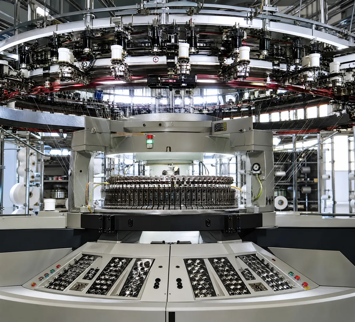 Circular knitting machine in operation