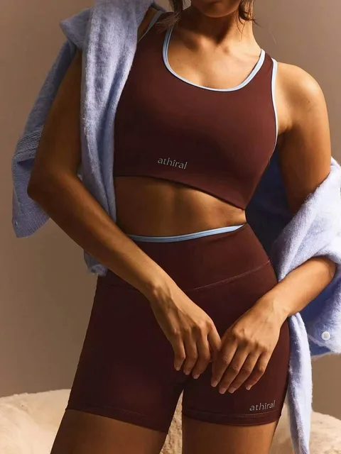 Woman wearing a stretch activewear sports bra and shorts