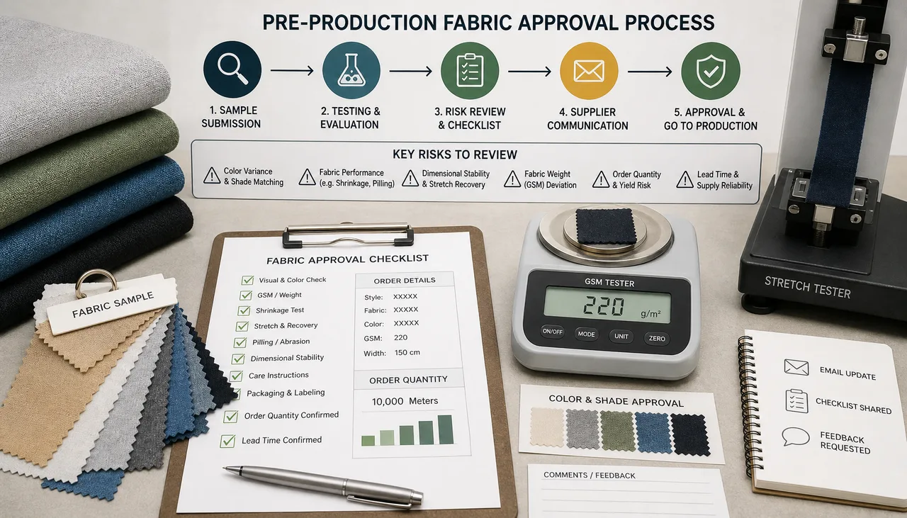 Fabric samples and test records arranged for pre-production approval
