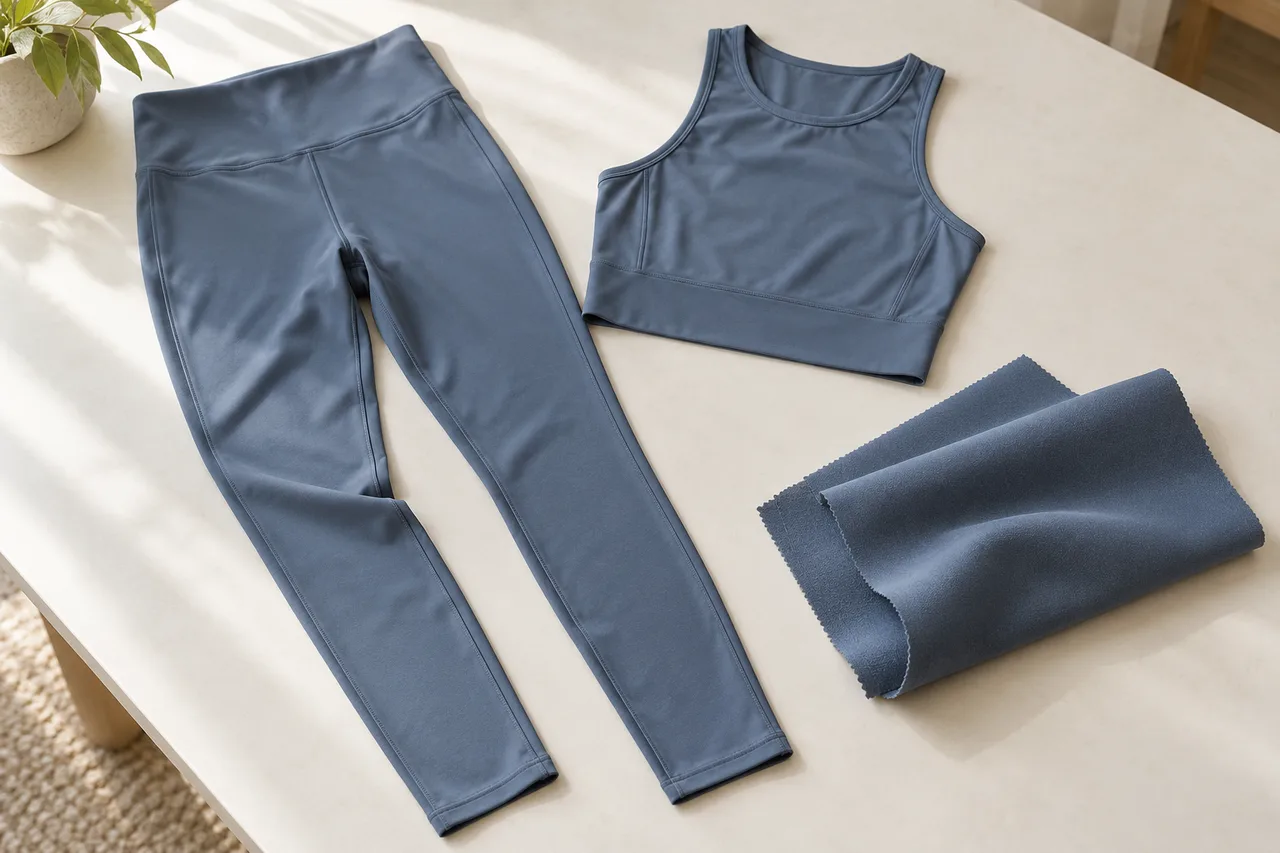 Editorial illustration of a matte knit swatch alongside a matching athletic top and leggings, showing a fabric-to-garment application.