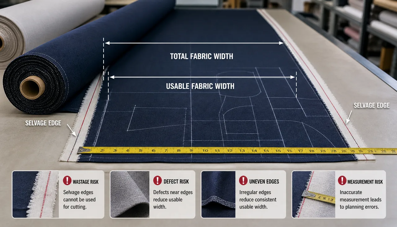 Garment marker positioned within the defect-free width of stretch fabric