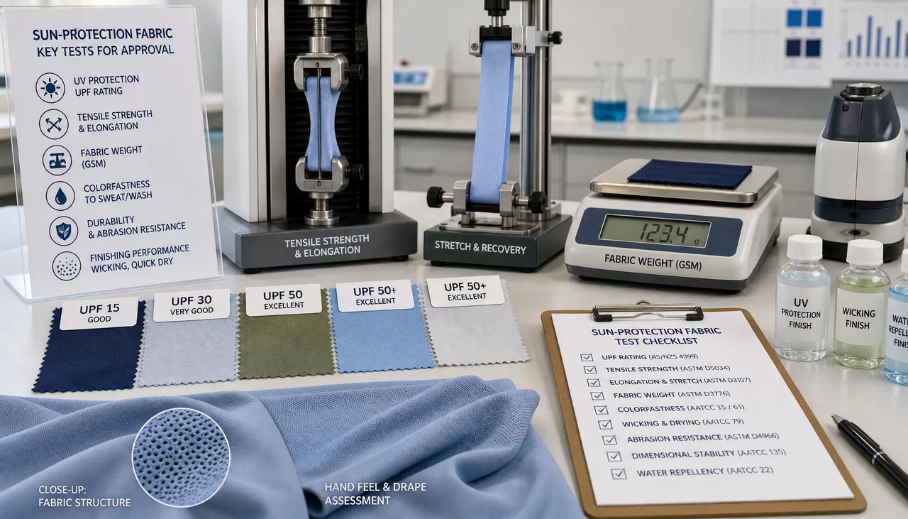 Sun-protection fabric undergoing laboratory UV-transmission evaluation