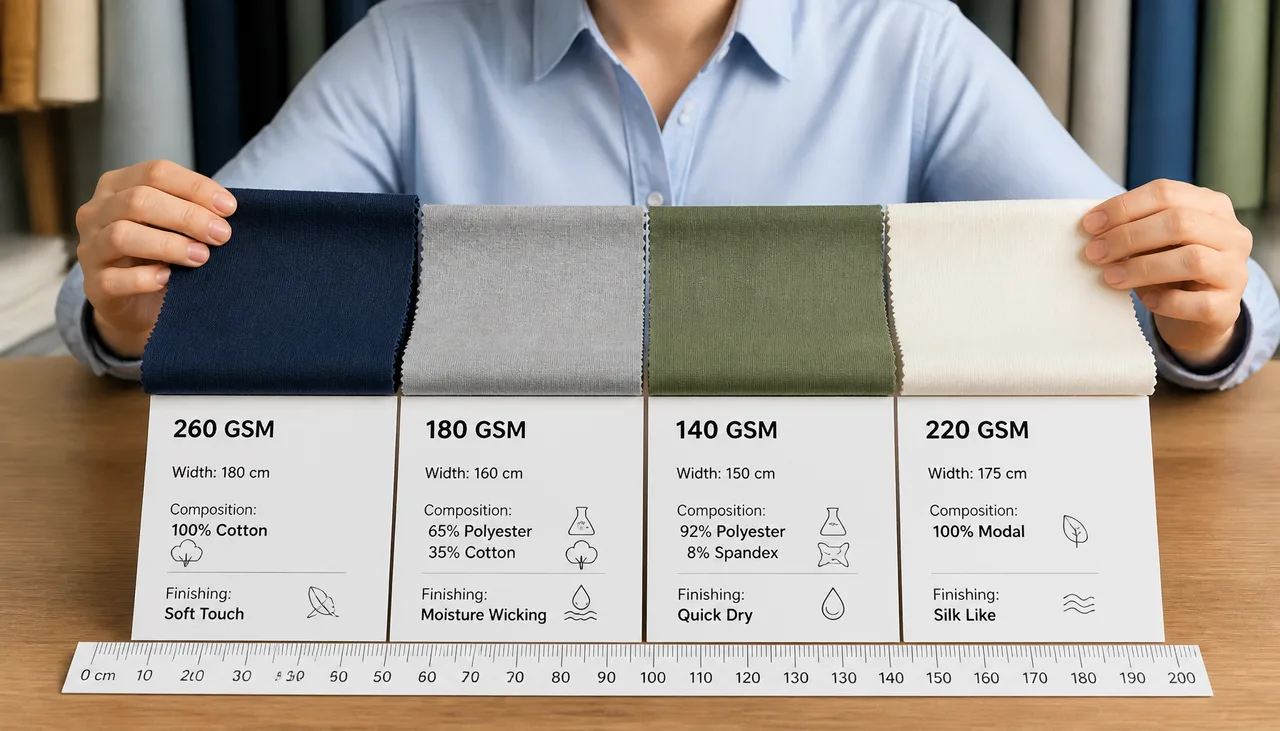Fabric swatches displayed with composition, weight, width and finish labels
