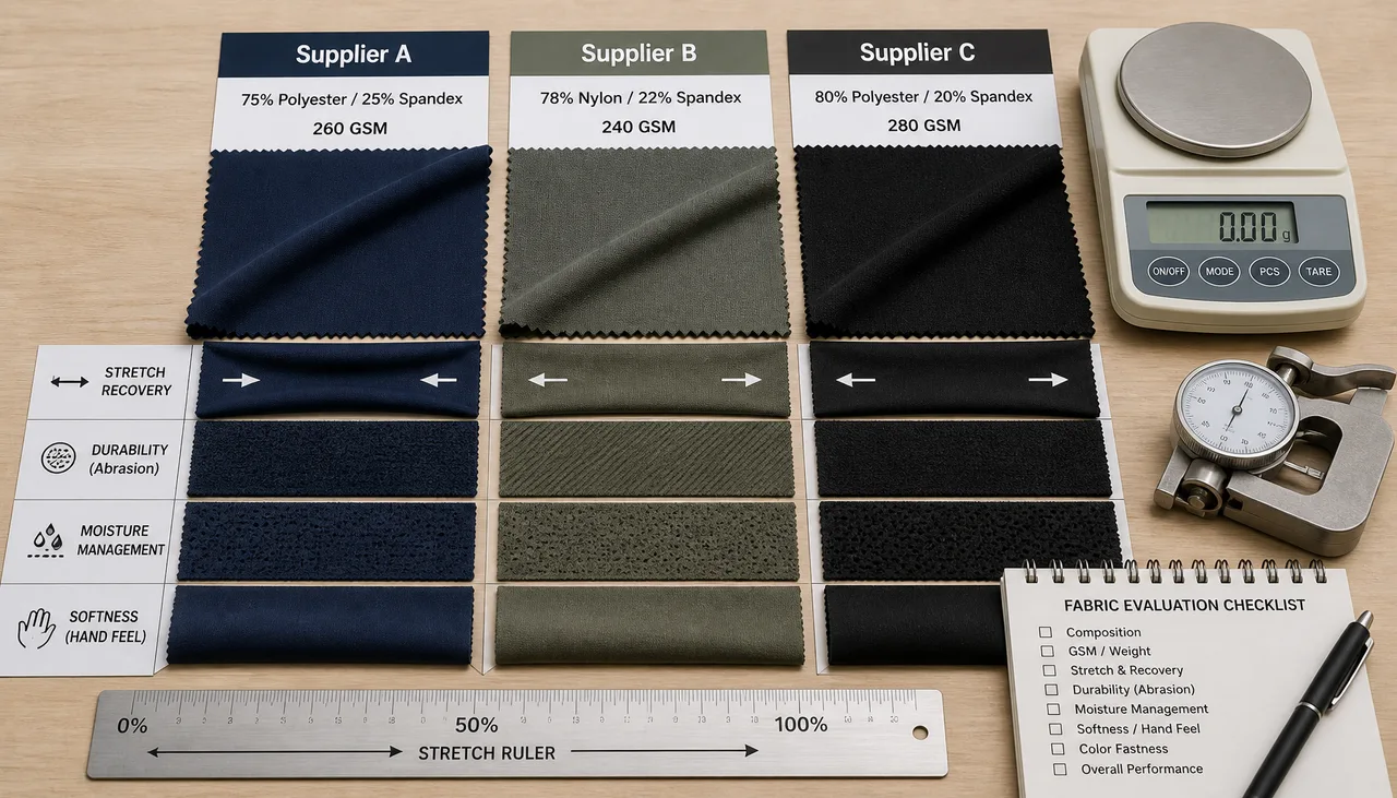 Illustration: Running tights fabric candidates compared under the same sourcing brief