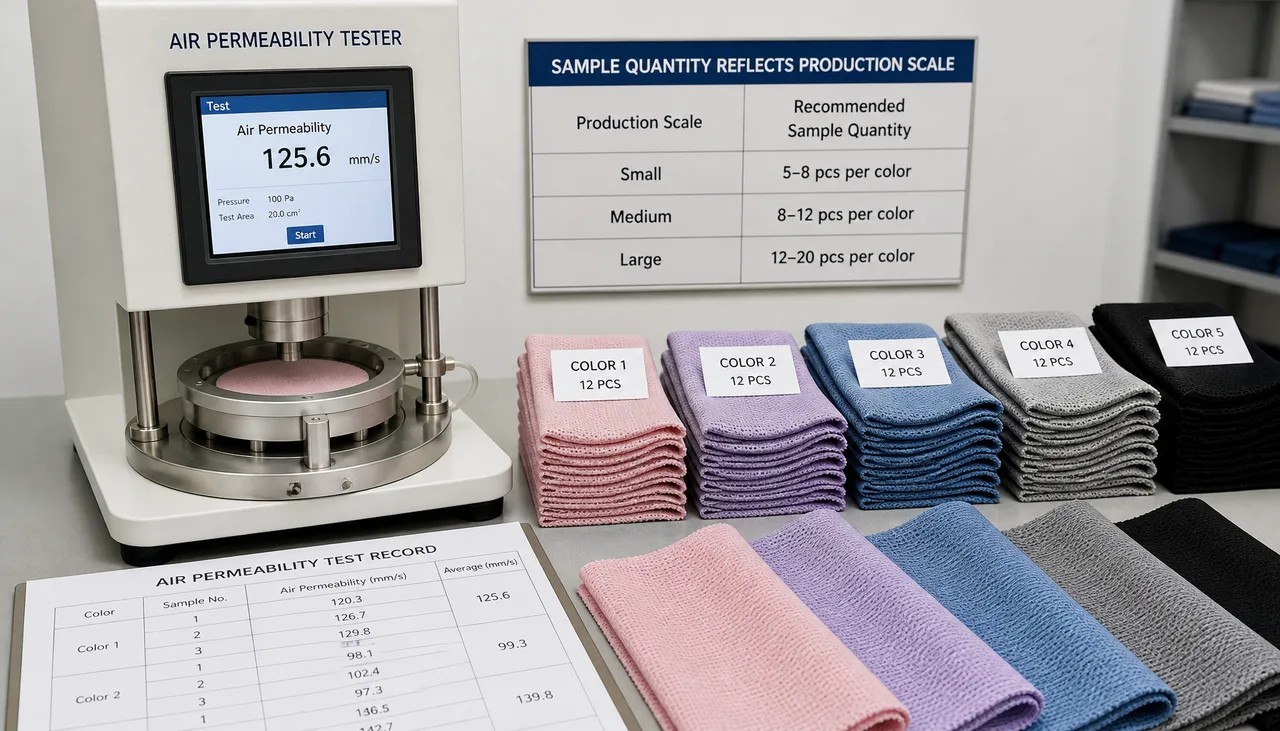 Air passing through a controlled test area of performance knit fabric