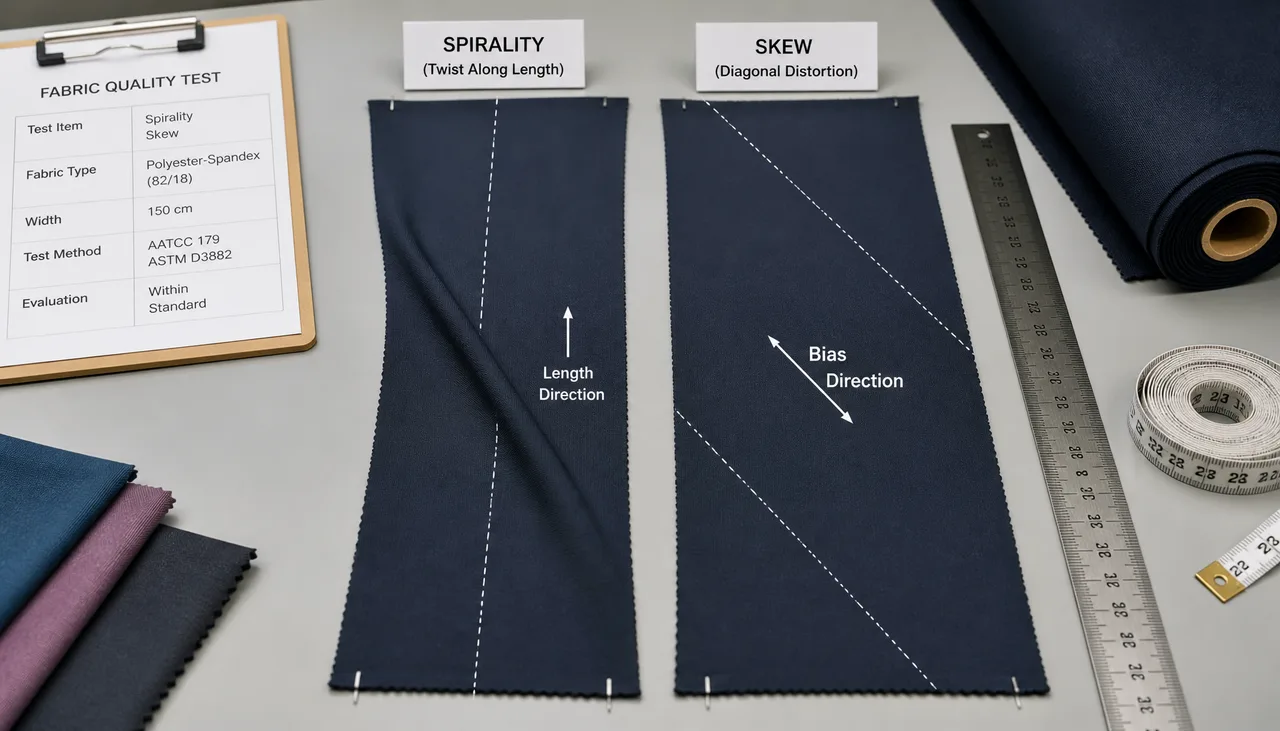 Illustration: Activewear knit specimen marked for spirality and skew measurement