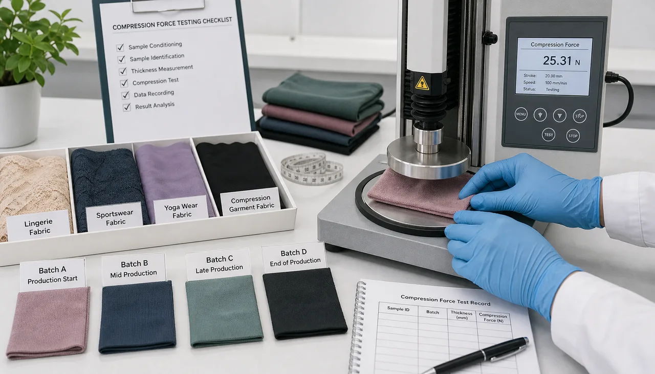 Stretch fabric specimens prepared for compression-force evaluation
