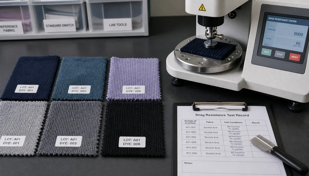 Stretch knit specimens prepared for snag-resistance testing
