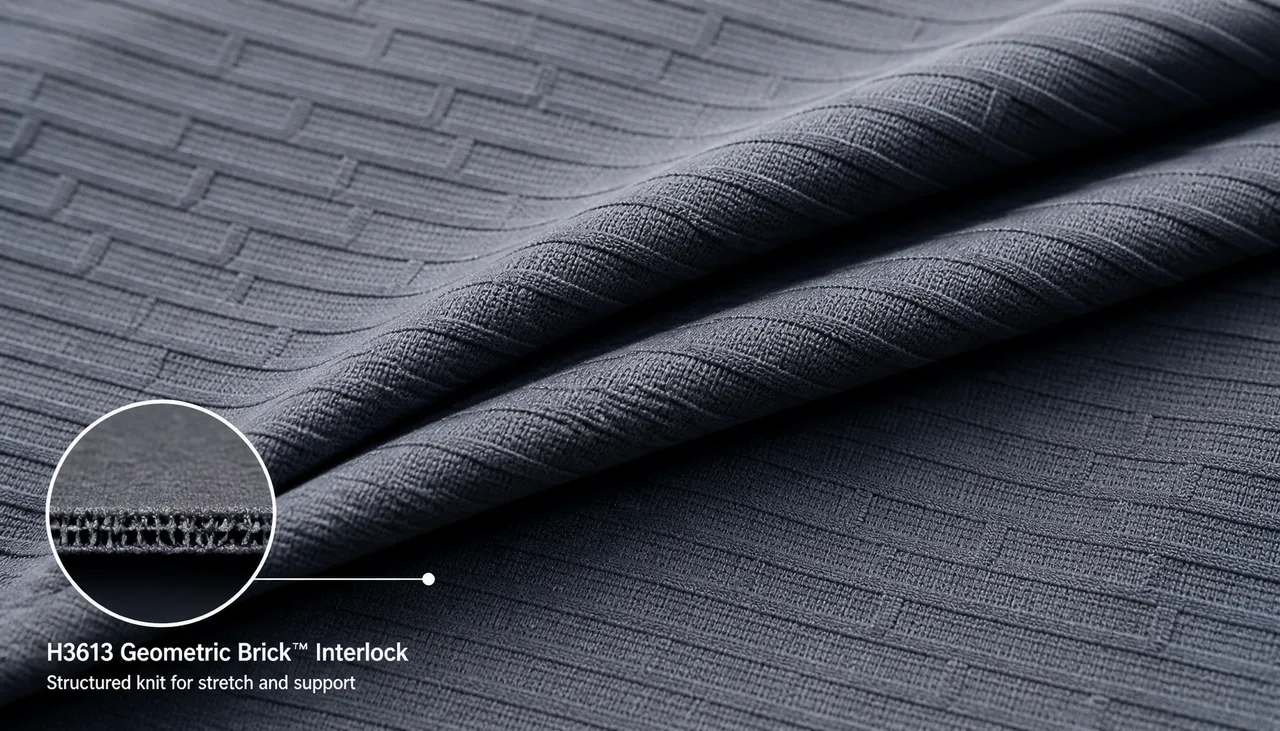 Illustration: Close-up view of geometric brick interlock fabric for activewear development