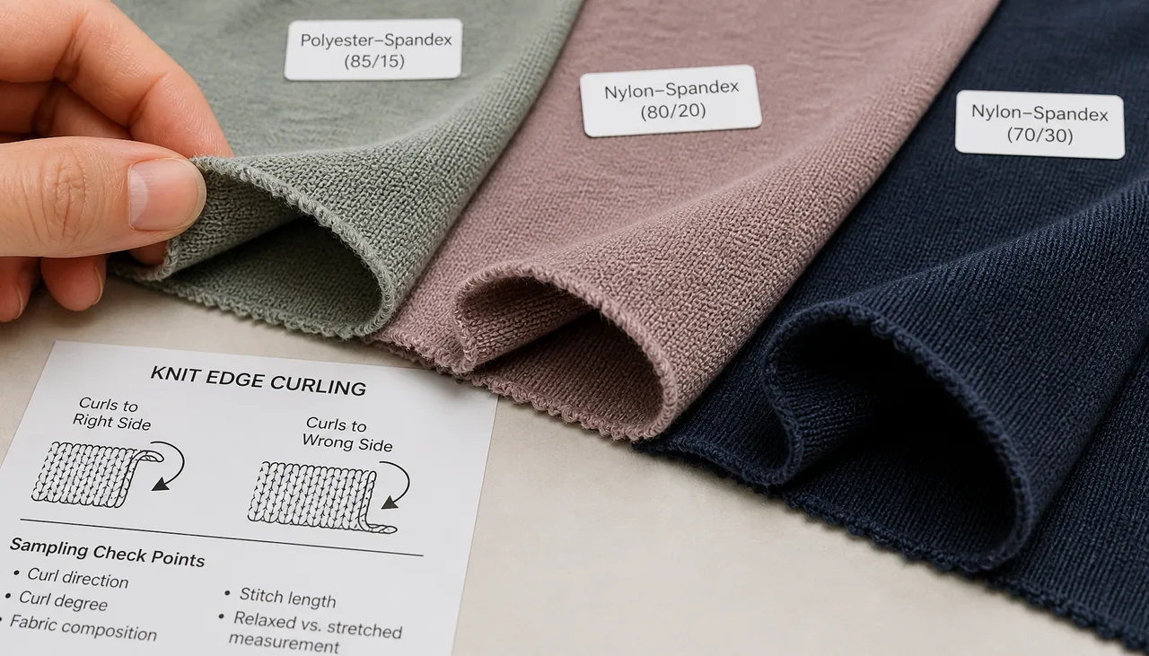Raw knitted fabric edge showing curl after cutting