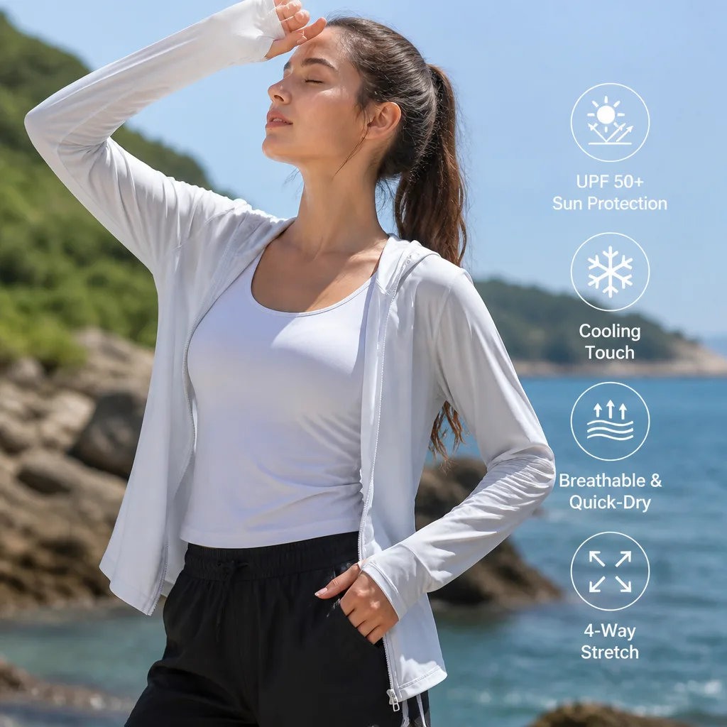 Lightweight white hooded jacket concept with cooling and sun-protection graphics