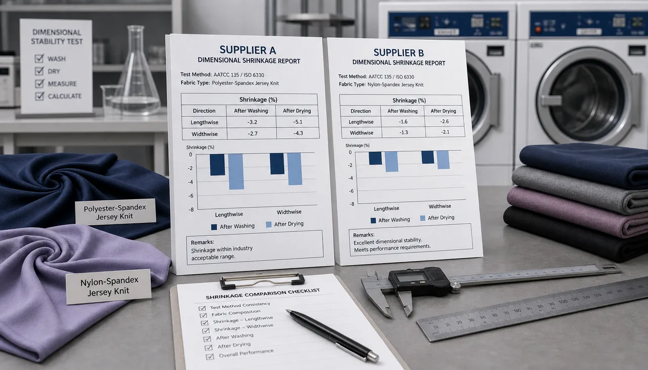 Illustration of two supplier shrinkage reports beside knit swatches and measuring tools