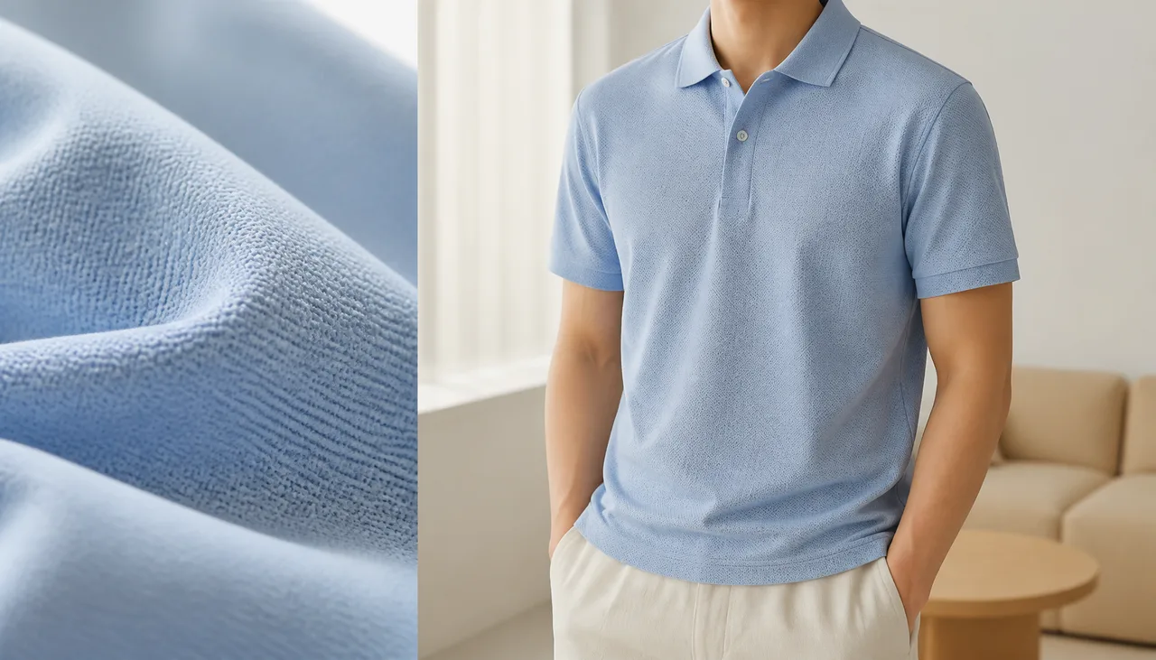 Cool-feel pique fabric application reference for a polo shirt