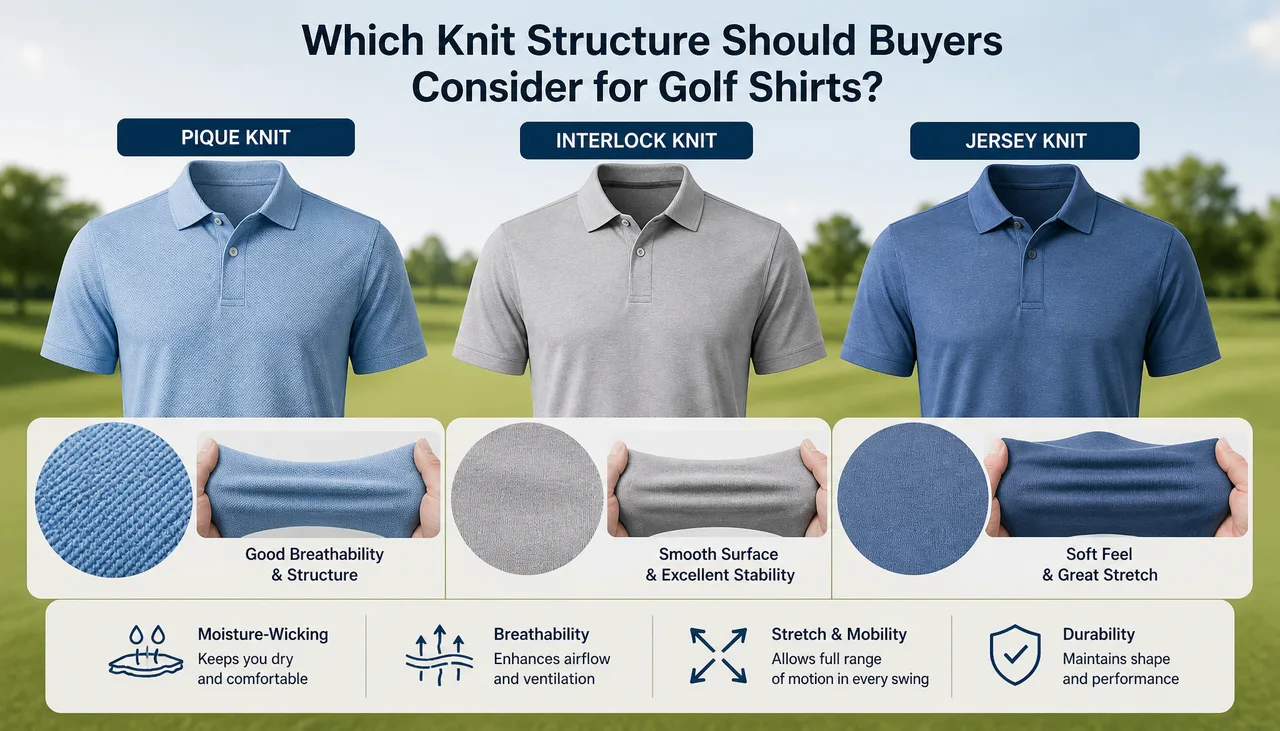 Pique, interlock and jersey golf-shirt concepts with close-up fabric illustrations