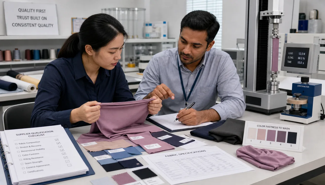 Illustration: Stretch fabric sample and specification reviewed during supplier qualification