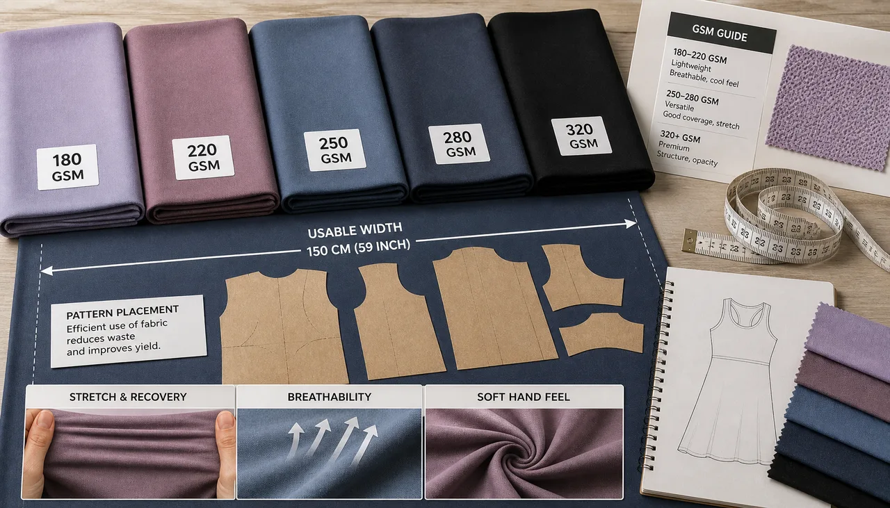 Athleisure dress pattern layout arranged across usable fabric width