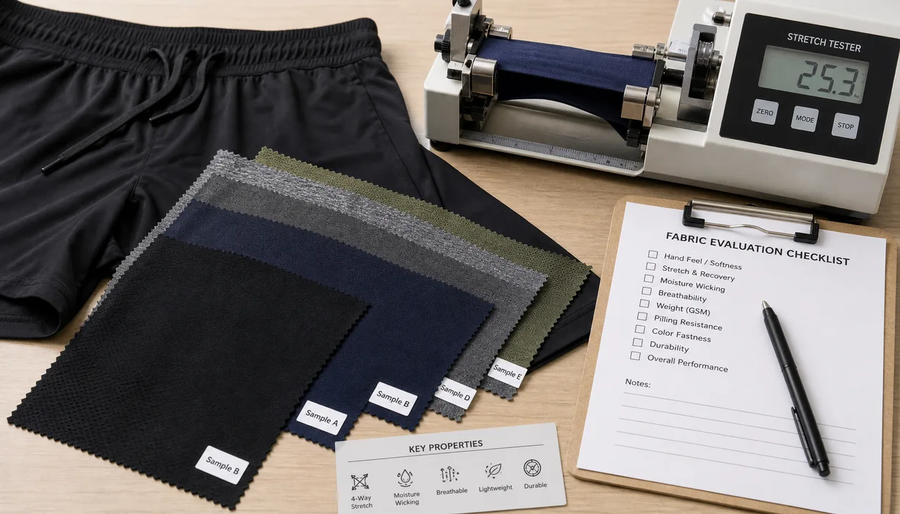 Stretch fabric sample being reviewed for gym shorts development