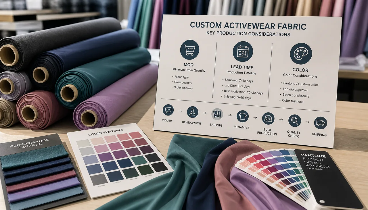 Illustration: Color swatches arranged for custom activewear fabric approval