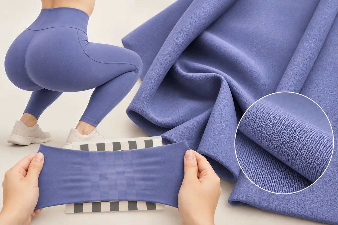 Blue-violet yoga leggings in a squat pose with nylon-spandex fabric stretched over a contrasting backing for opacity inspection