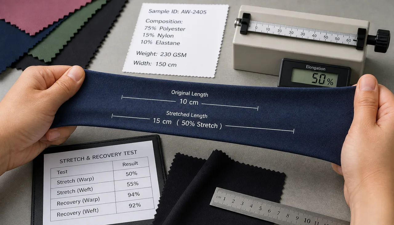 Stretch fabric specimen prepared for controlled evaluation
