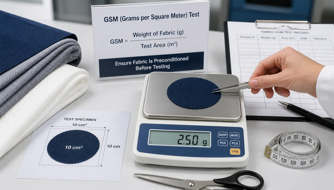 Circular fabric specimens and balance used for GSM measurement
