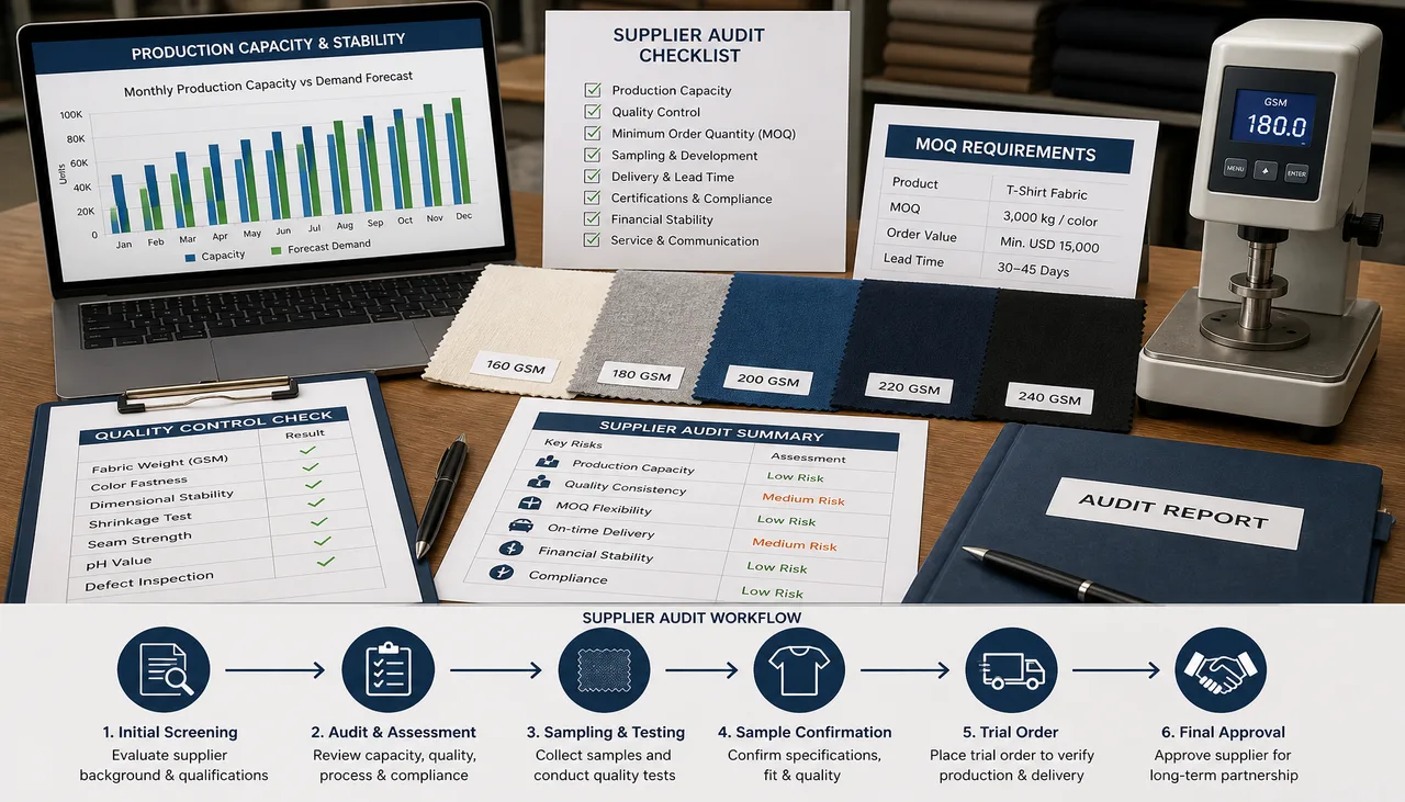 Illustration: Fabric buyer reviewing supplier capability and production-control evidence