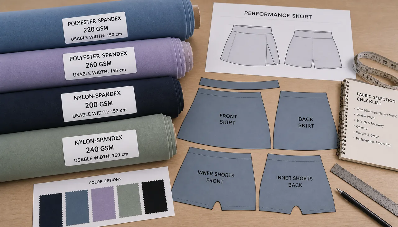 Performance skort fabric being reviewed for weight and usable width