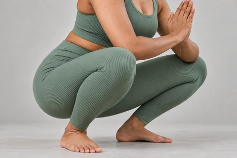 Woman in opaque ribbed yoga leggings demonstrating fabric stretch in a deep squat