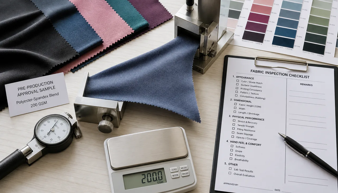 Illustration: Pre-production stretch fabric sample inspected against an approval specification