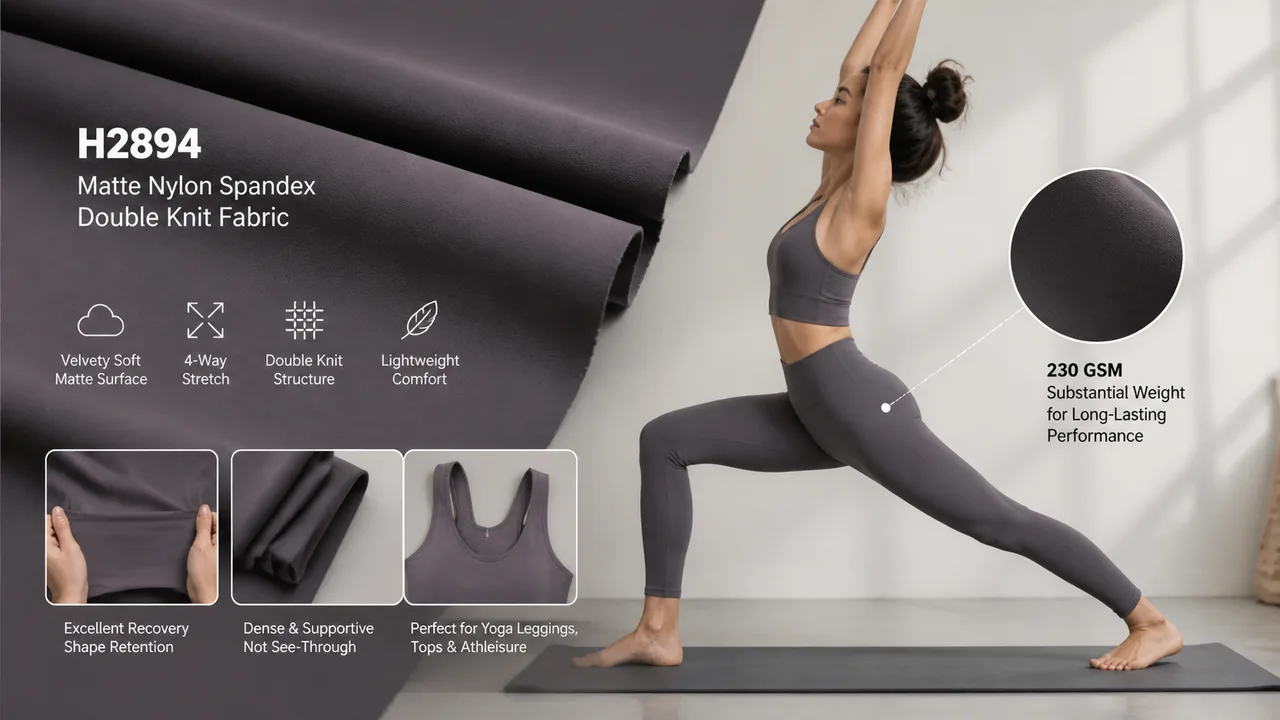 Matte activewear concept with H2894 fabric swatches and a yoga outfit