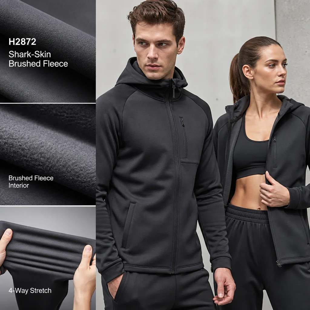 Black activewear jacket concepts beside smooth-face and brushed-back fabric swatches