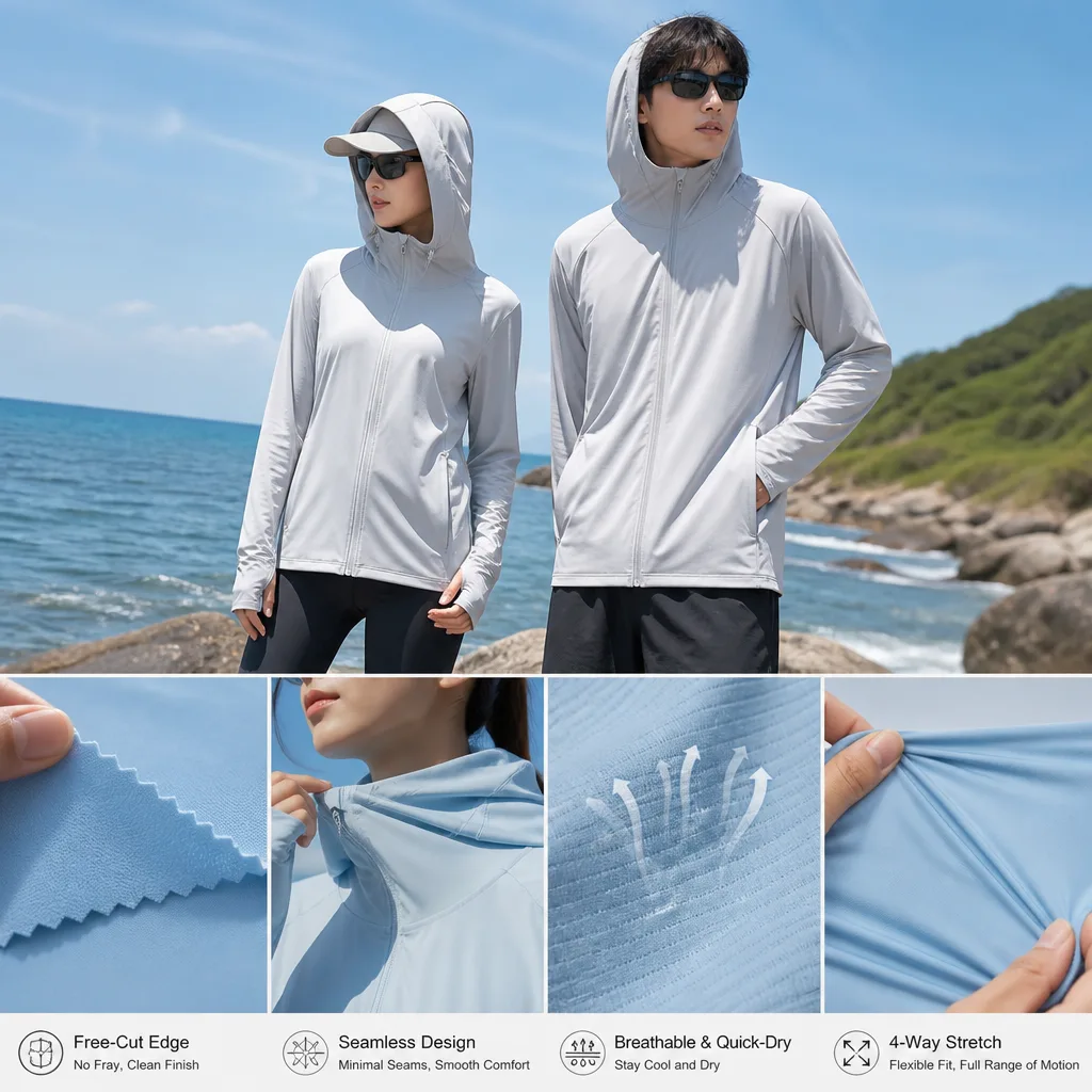 Hooded outdoor jacket concepts with fabric edge and stretch illustrations