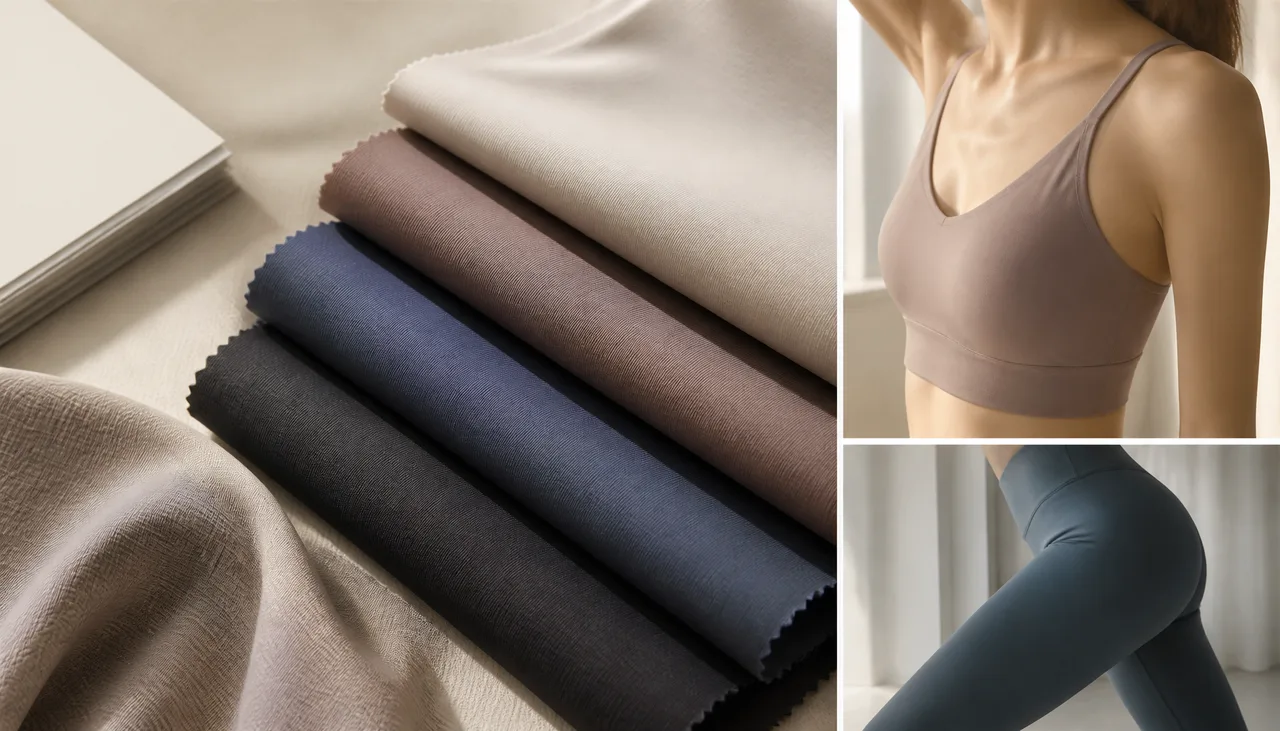 Illustration: Buyer comparing stretch fabric samples and specification records