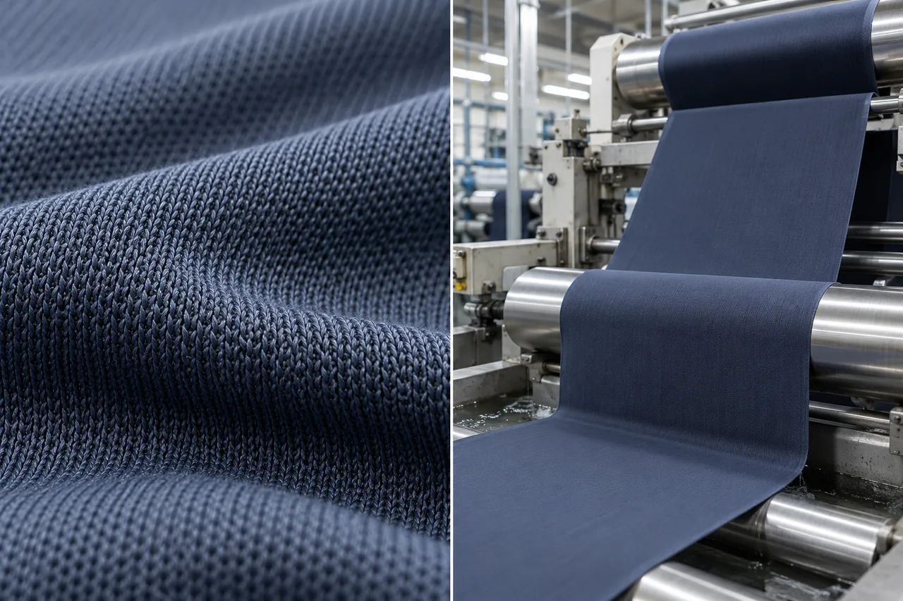 Close-up of knitted stretch fabric beside fabric passing through finishing rollers