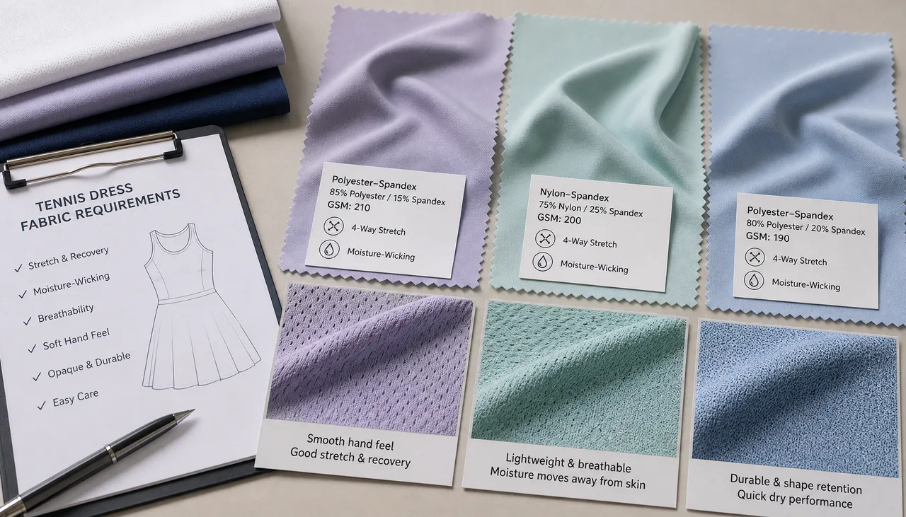 Illustration: Stretch knit sample compared for a tennis dress bodice and skirt
