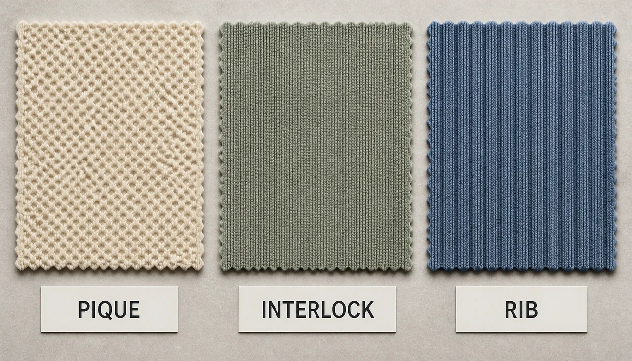 Pique, interlock and rib knit structure reference