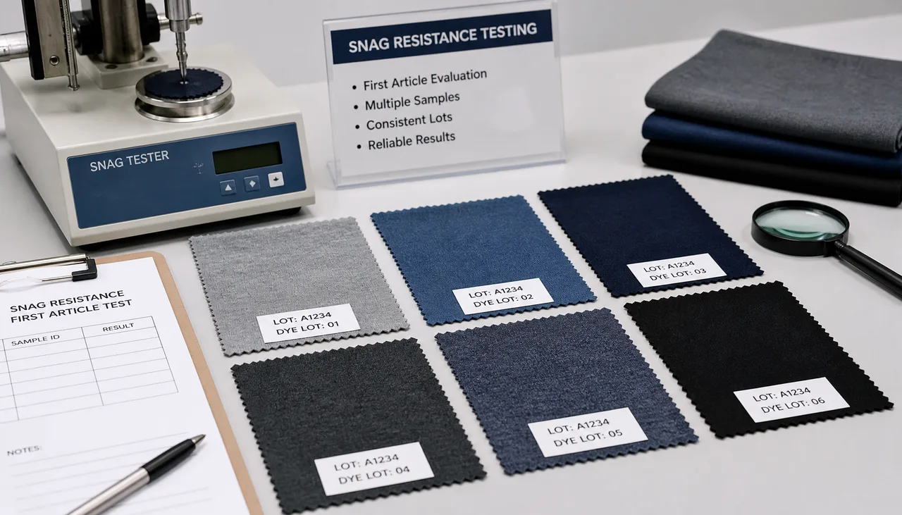 Knitted fabric surface being inspected after a snag-resistance test