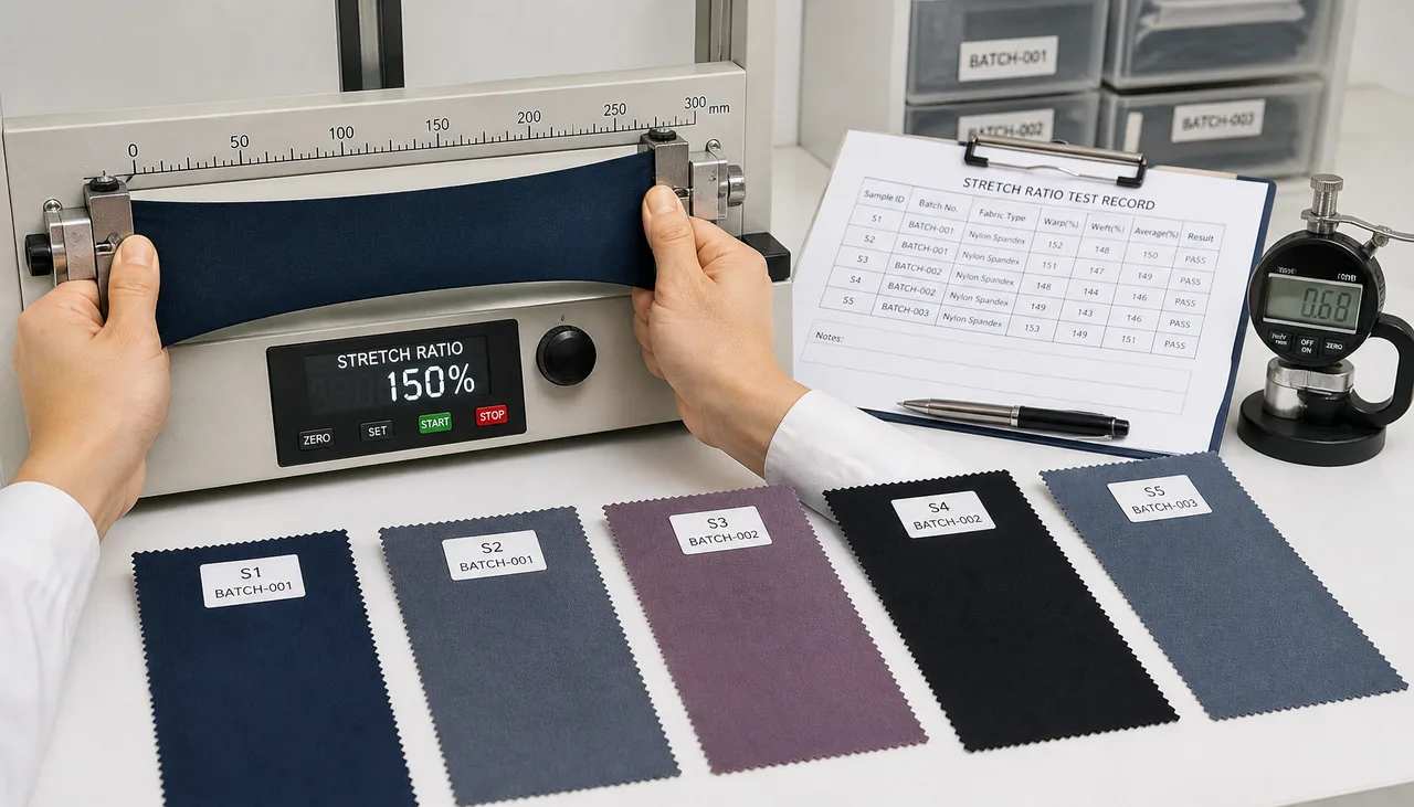 Stretch fabric specimens prepared for ratio and recovery testing