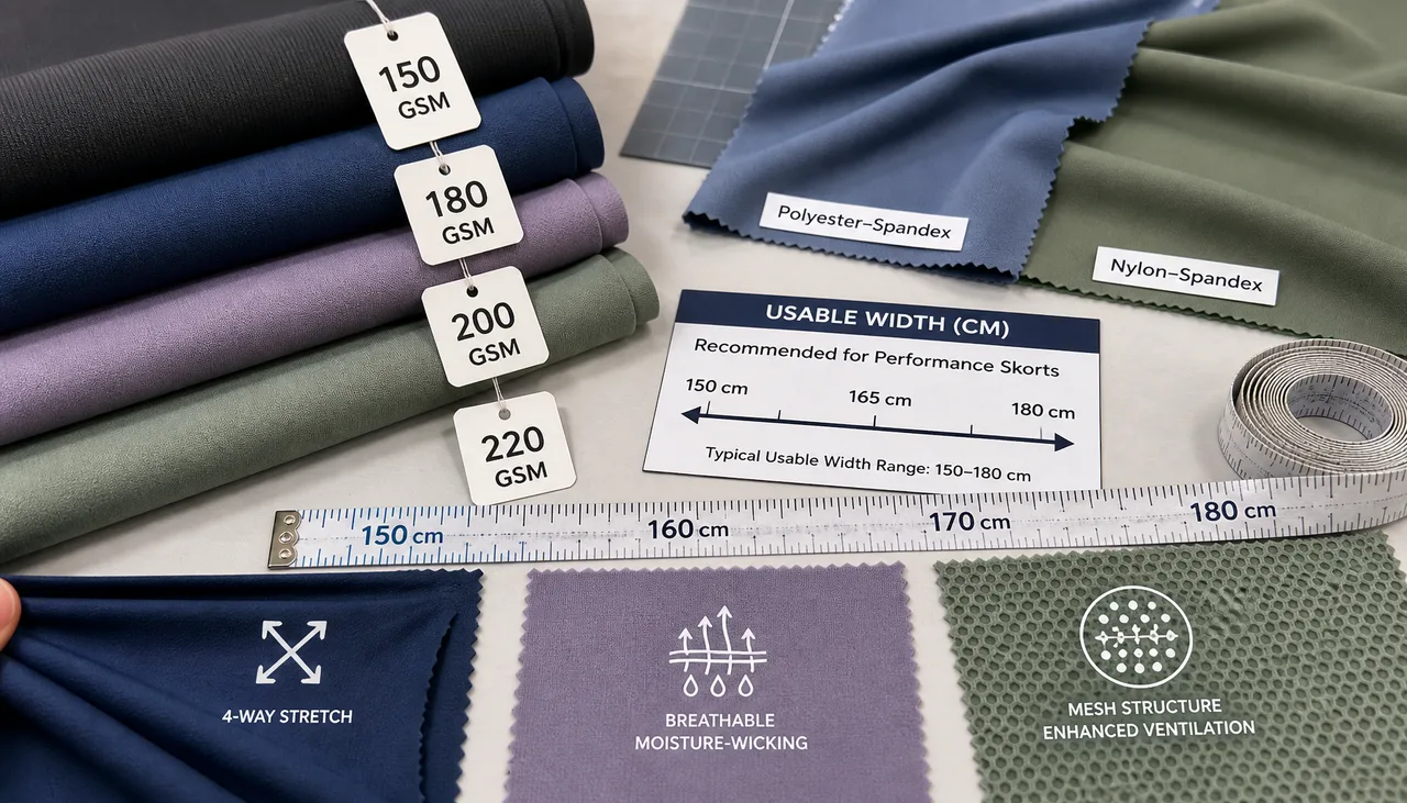 Stretch fabric samples for the outer skirt and inner short of a performance skort