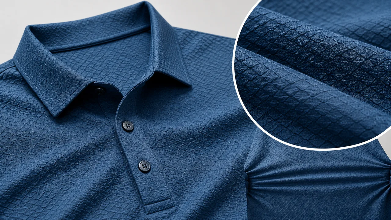 Illustration: Close-up of fish-scale textured knit fabric for performance polo development